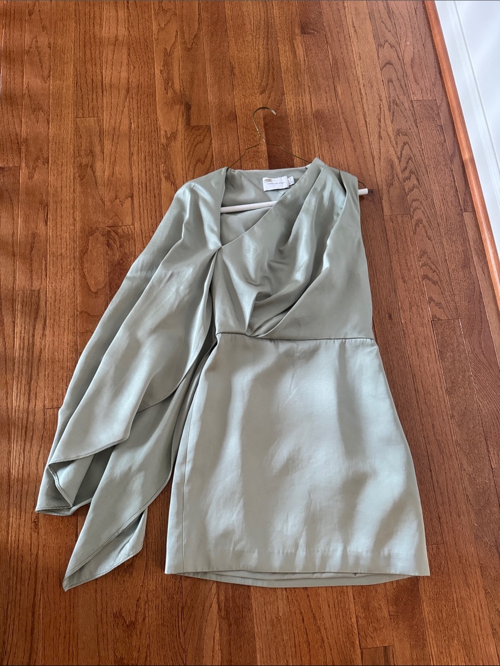 One-Shoulder Sage Green Mini Dress with Draped Sleeve size 2
